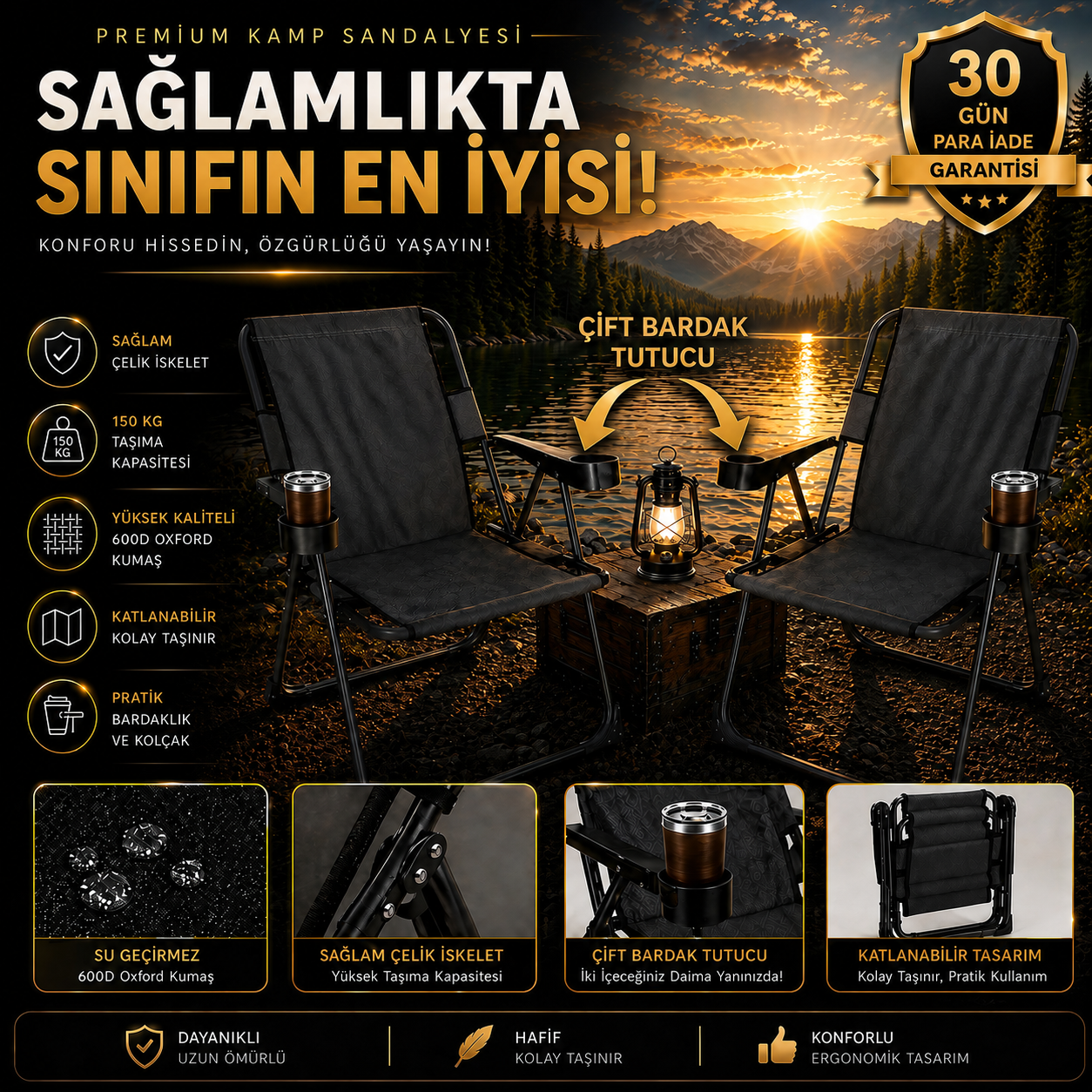 Nordveil™ Titan Kamp Sandalyesi | Çift Bardak Tutuculu