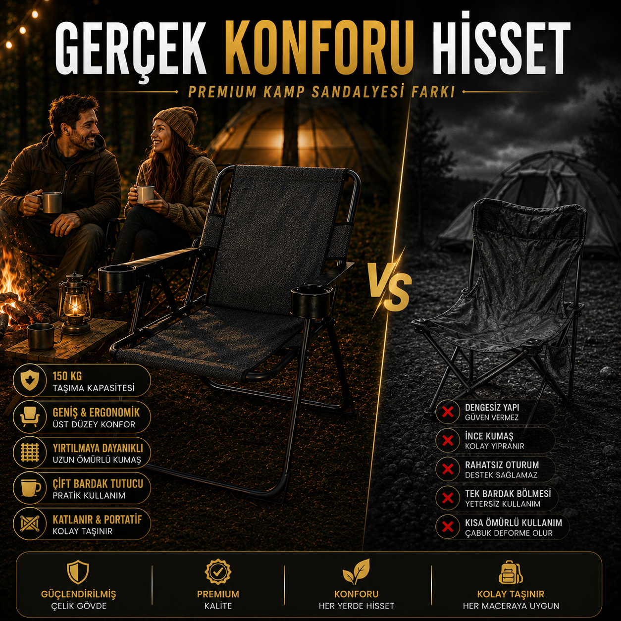 Nordveil™ Titan Kamp Sandalyesi | Çift Bardak Tutuculu
